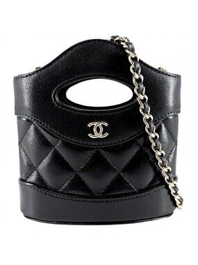 Chanel Shoulder Bag Quilted CC Logo Mini 2-Way Mount Crossbody Leather Black